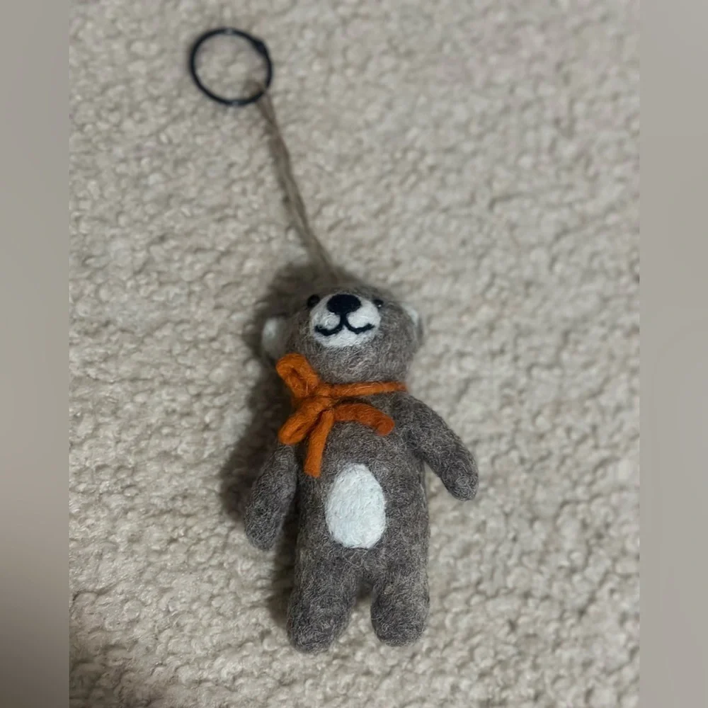 Handmade Wool Felt Bear Keychain‎ with Orange Bow